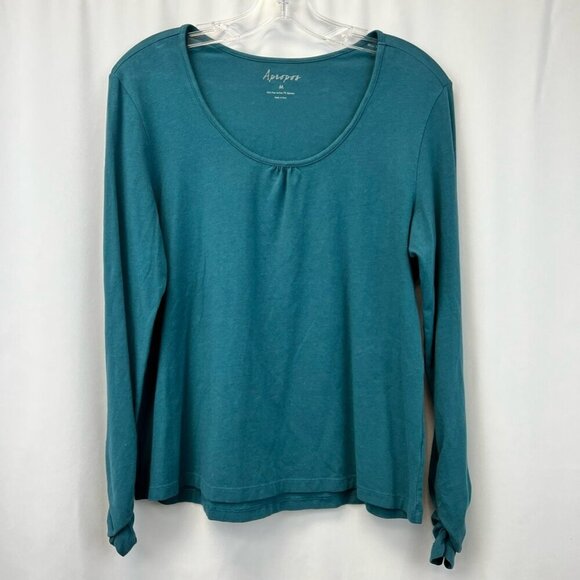 Apropos Womens Blouse Teal Long Sleeve Ruched Scoop Neck Stretch Cotton Solid M - Picture 1 of 10